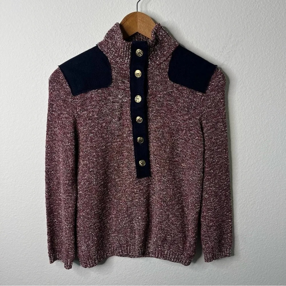 Tory Burch Burgundy Tweed Mock Neck Button Front Pullover Sweater